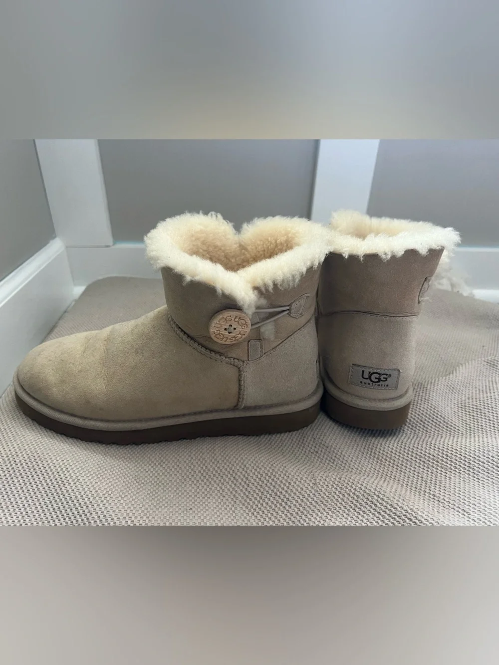 UGG Mini Button Boot in Sand with Shearling Trim